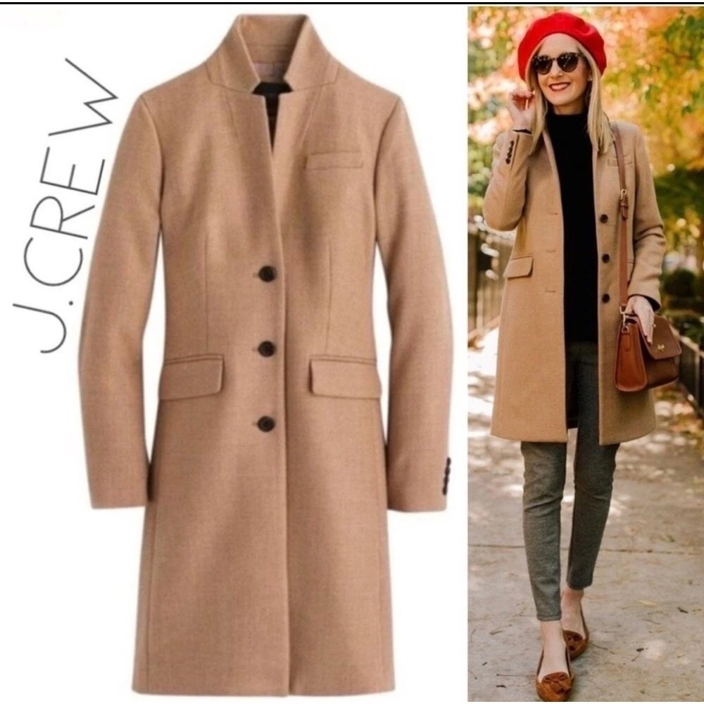 J. Crew Regent Topcoat Size 10 Camel 100% Wool Long Tailored Coat